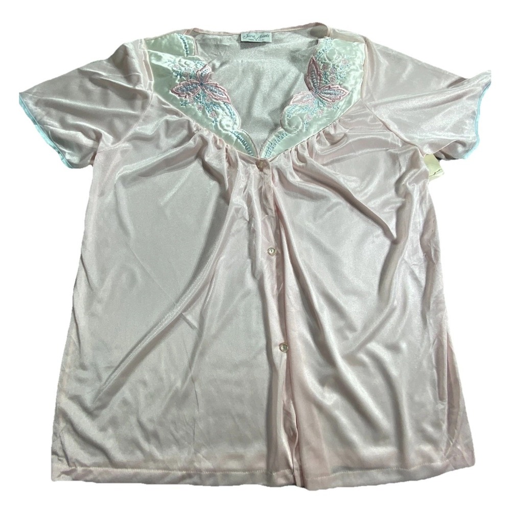 Vintage Secret Accents Pajama Top Womens Medium Pink Floral Neck Nylon Button Up